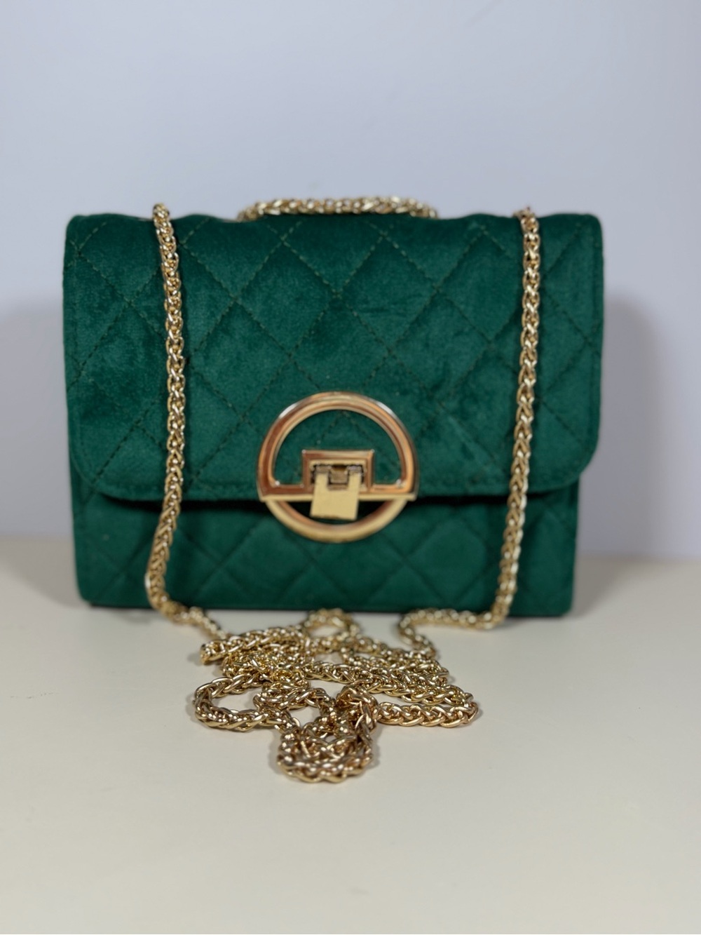 Unk Emerald Quilted Crossbody Bag with Gold Chain